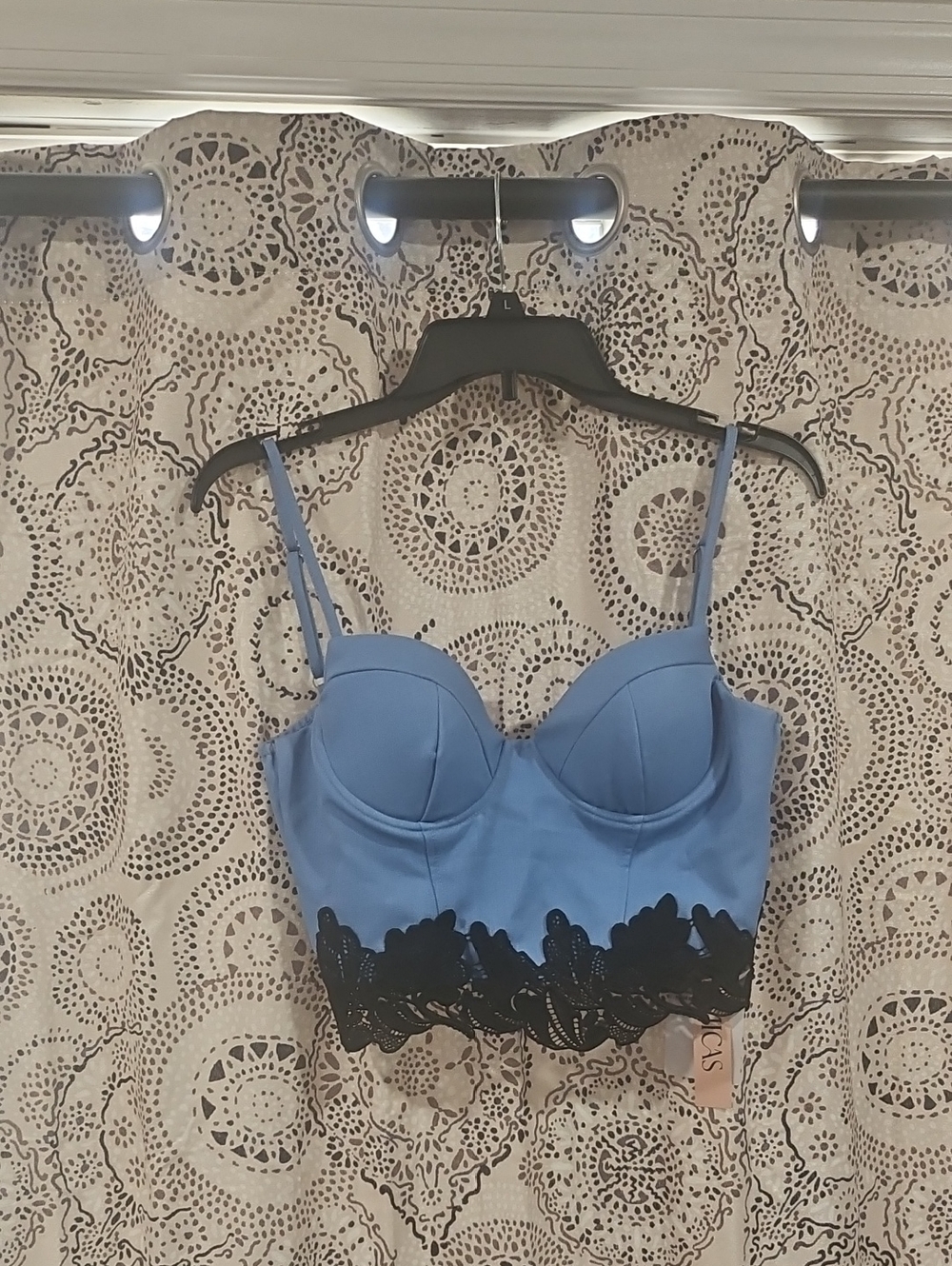 Sculpted Blue Longline Bustier with Black Lace Trim